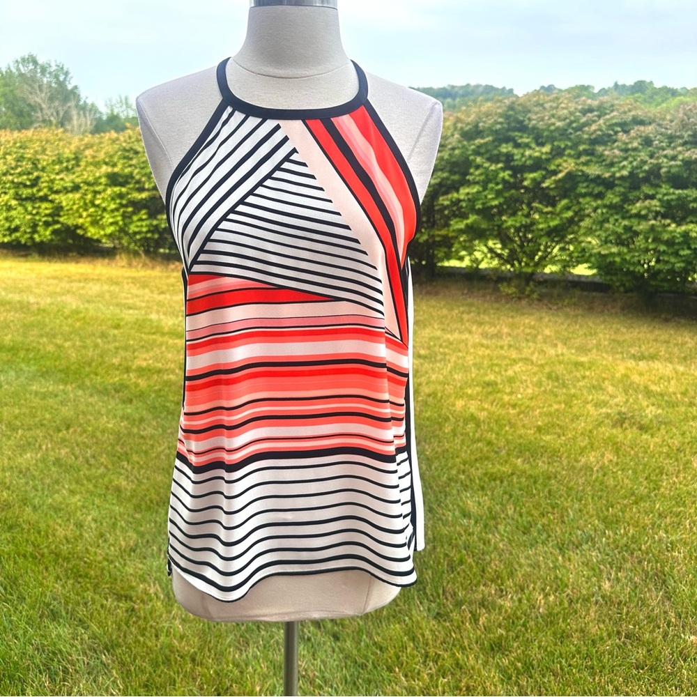Calvin Klein Multi Stripe Keyhole Halter Blouse Top Multicolor Womens